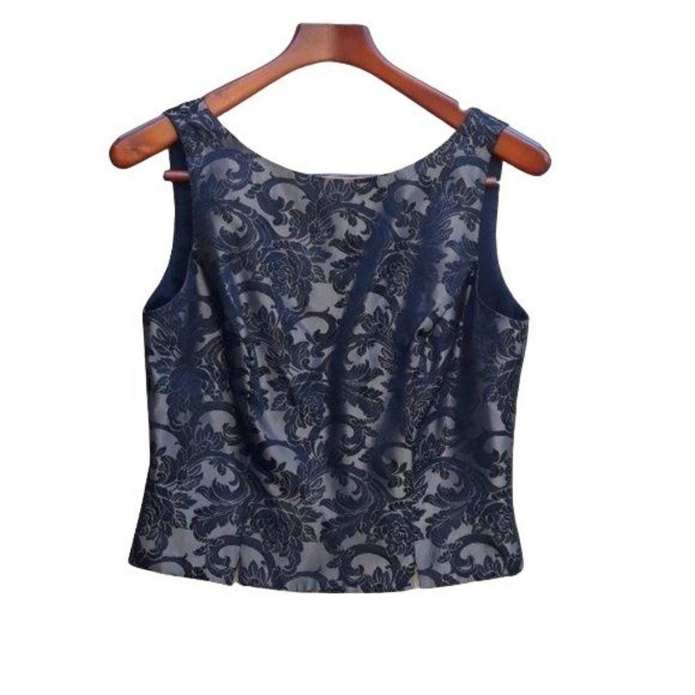 Vtg 80's JS Collections Top‎ Formal Sleeveless Floral Brocade Scroll Blk Sz 10